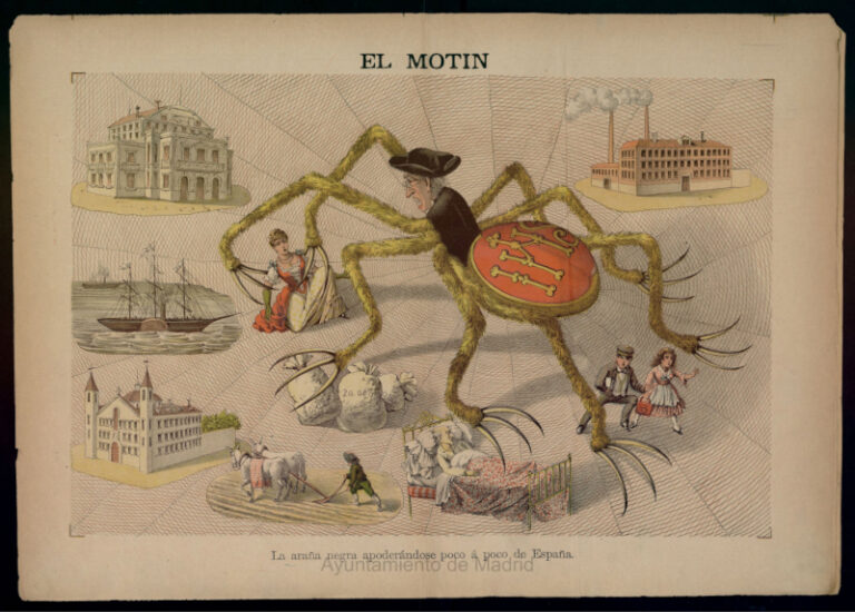 La araña negra apoderándose poco a poco de España. El Motín, año VII nº 52. Madrid, 25-XII-1887 Hemeroteca Municipal de Madrid